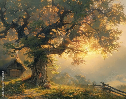  A serene depiction of a tree against a field, with a house backdrop and radiant sunrays filtering through