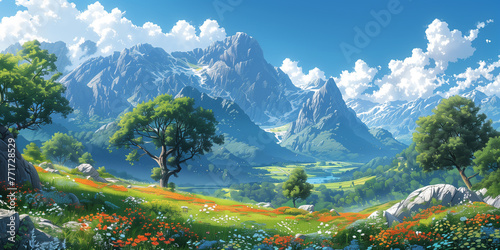 Japanese or fantasy eastern landscape. Spring summer autumn. Beautiful natural mountain place. Panorama background. Digital painting. Poster  invitation  flyer  banner  header. Generative Ai content