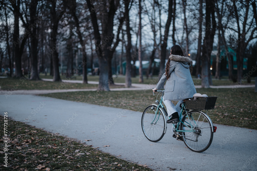 Back view of a young woman on a bicycle in a park, with trees and a footpath during the early evening.