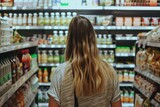 Woman carefully comparing product ingredients on food labels while shopping in a supermarket.