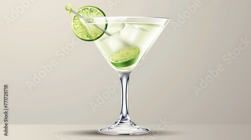  A glass of limeade, garnished with a lime wedge perched on the edge and a straw poking through it