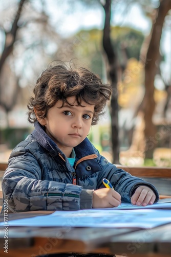 Young Boy Writing at Table © Jorge Ferreiro