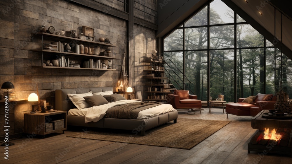 A bedroom with a large bed, a fireplace, and a view of trees. The room has a cozy and warm atmosphere, with a rustic feel. The bed is surrounded by a rug, and there are several books on a shelf nearby