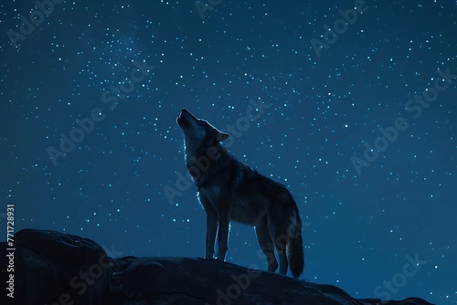: A wolf howling at the moon, with a sense of longing and freedom, under a starry night sky