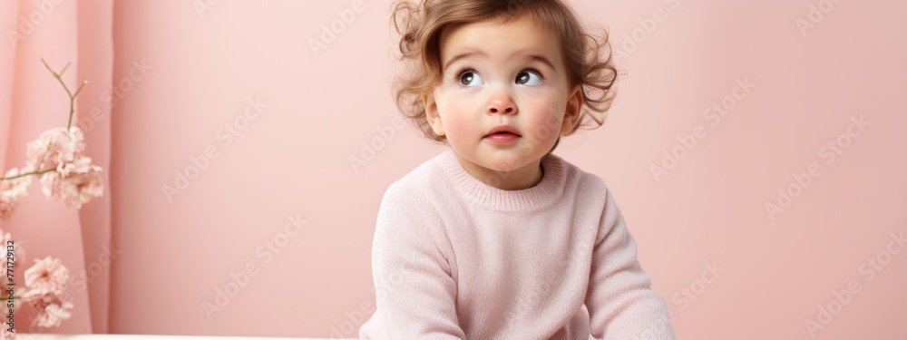 Fototapeta premium Portrait of a little cute child who is stuck in thoughts, baby is thinking