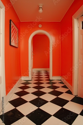 Orange Hallway With Black and White Checkered Flooring