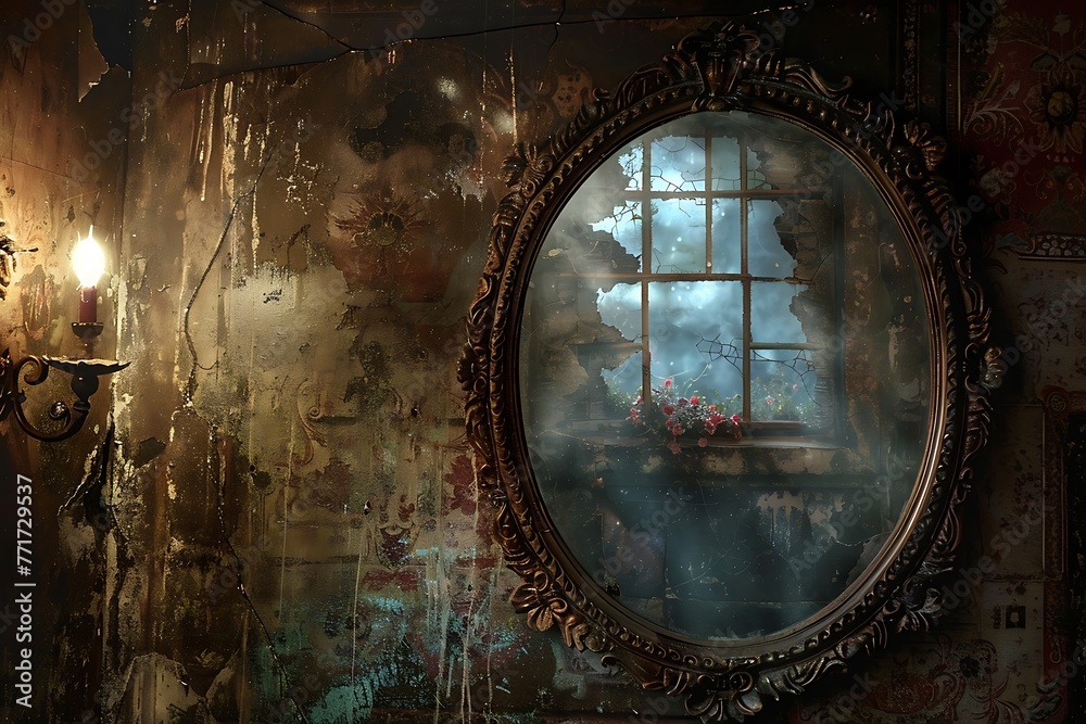 : An antique mirror capturing a mysterious and dimly lit scene - obrazy, fototapety, plakaty 