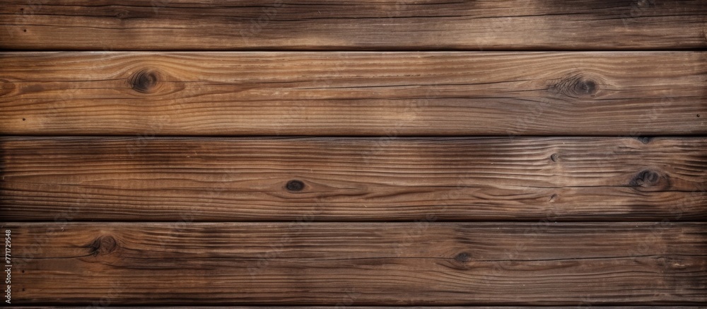 Fototapeta premium A close up of a brown hardwood plank wall with a blurred background, showcasing the beautiful pattern of the wood grain and texture