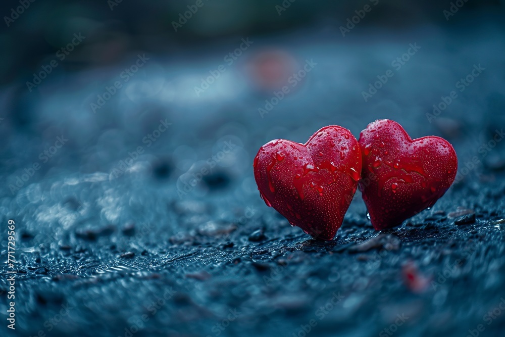 Fototapeta premium Two Red Hearts on Green Surface