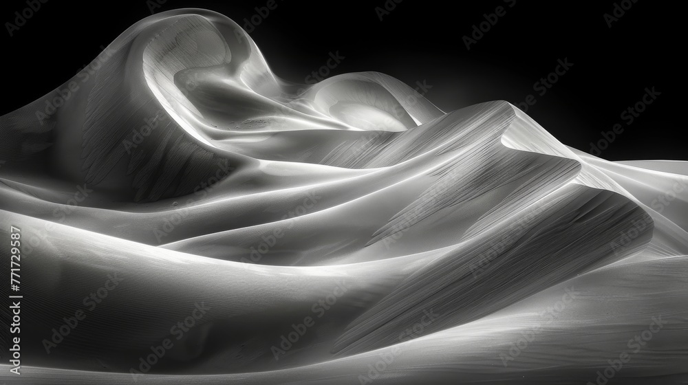  A black and white image of a mountain with white fabric draped on its sides against a black backdrop