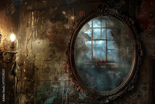 : An antique mirror capturing a mysterious and dimly lit scene