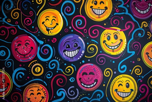 Group of Smiley Faces on Black Background