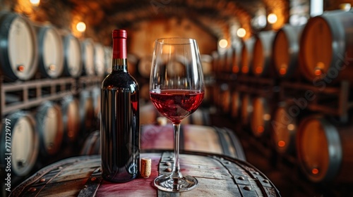 red wine in glass and bottle, vineyard cellar degustation
