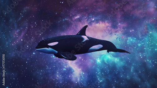 Orca moving in space on the background of constellations, galaxies and bright, colorful shimmers. fantastic plot, fantasy. © Yuriy Maslov