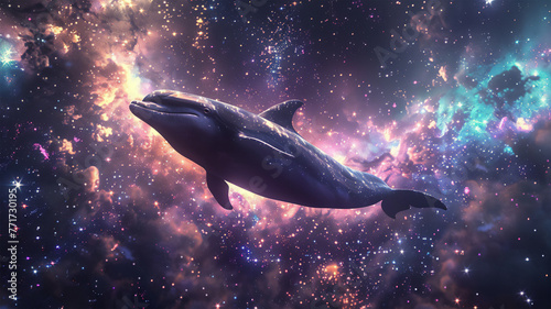 A dolphin moving through space against a backdrop of constellations, galaxies and bright, colorful shimmers.  photo