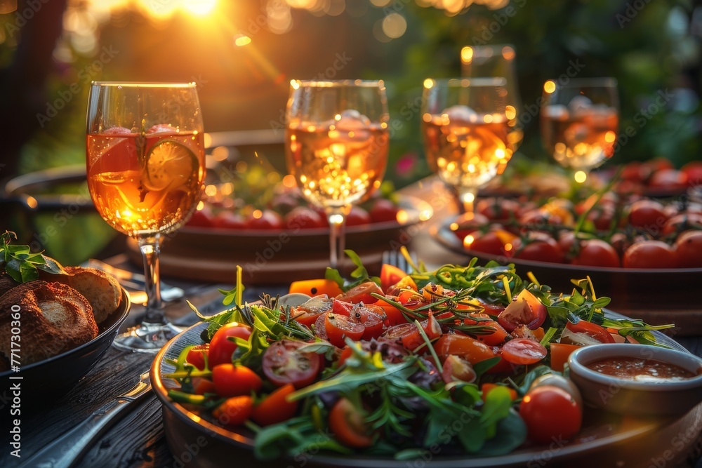 Warm, golden hour light bathes a table set for an evening meal outdoors with wine and vibrant salads Warm, golden hour light bathes a table set for an evening meal outdoors with wine and vibrant salads