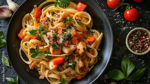  A black plate holds a plate of pasta with shrimp, carrots, and parsley Spices are in a bowl nearby