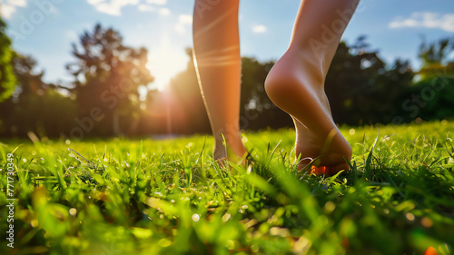 Bare feet touch the first grass in the field, under the shining sun, depicting the arrival of spring, the warmth and beauty of nature. the change of season, the anticipation of summer.