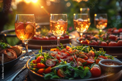 Warm, golden hour light bathes a table set for an evening meal outdoors with wine and vibrant salads
