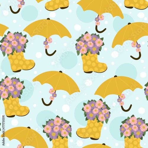 seamless pattern with yellow umbrellas and galoshes