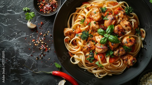  Black plate with spaghetti, prawns, cherry tomatoes, and parsley; red pepper and pepper grinder nearby