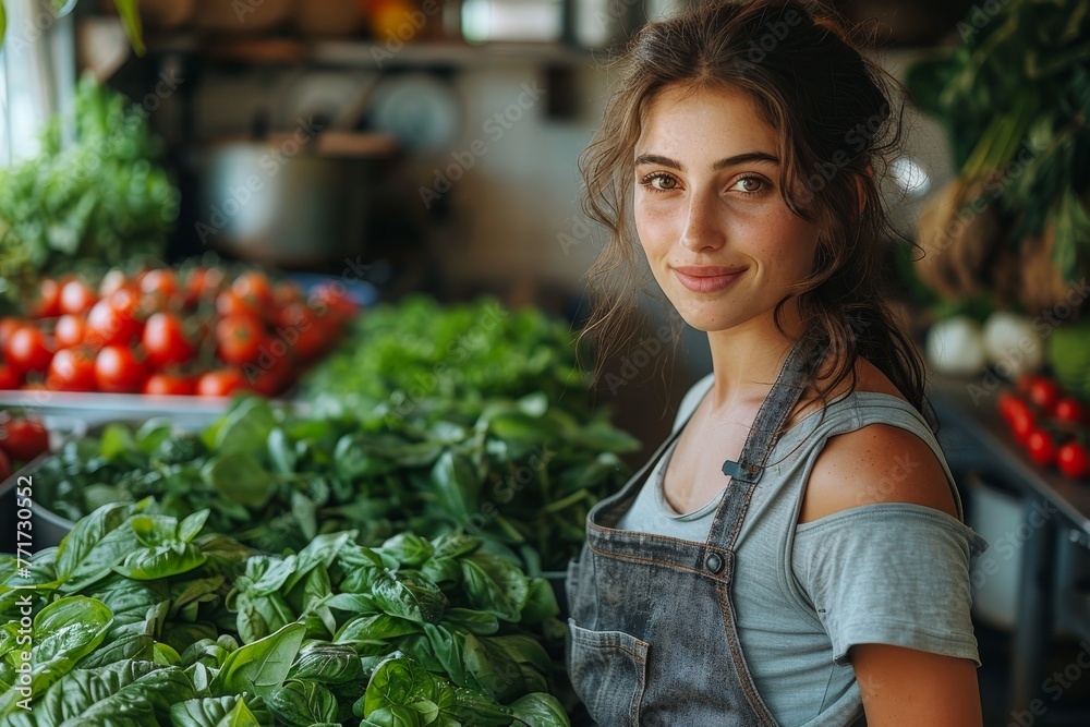 Young female with a gentle smile standing in a kitchen full of fresh basil Young female with a gentle smile standing in a kitchen full of fresh basil