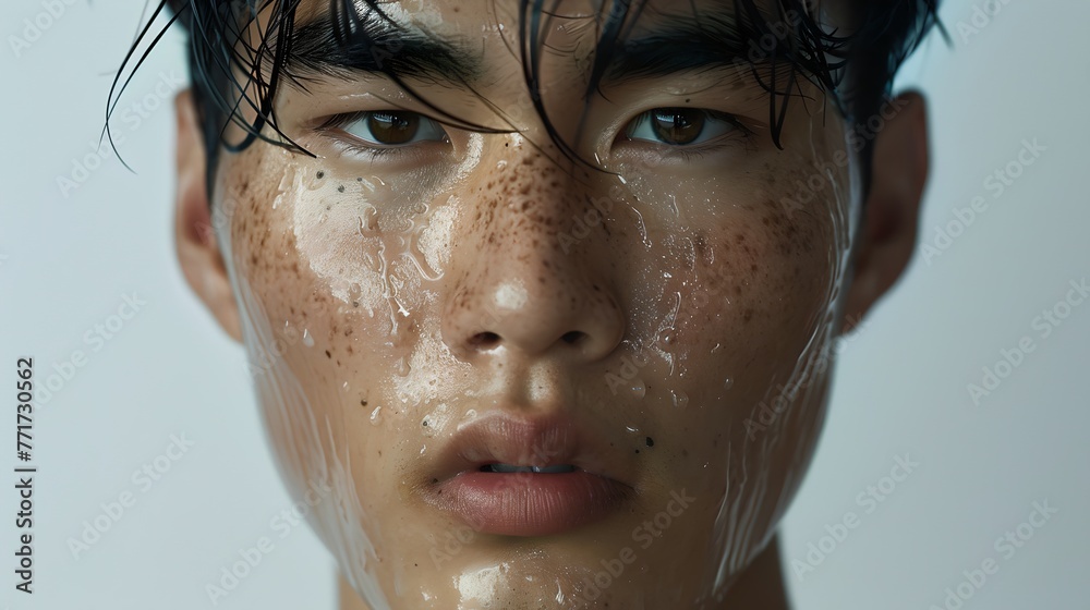 Close-up Portrait of a Young Man with Water Droplets on Face. Intense Gaze, Detailed Texture, High Resolution. Perfect for Beauty and Skin Care Concepts. AI Close-up Portrait of a Young Man with Water Droplets on Face. Intense Gaze, Detailed Texture, High Resolution. Perfect for Beauty and Skin Care Concepts. AI