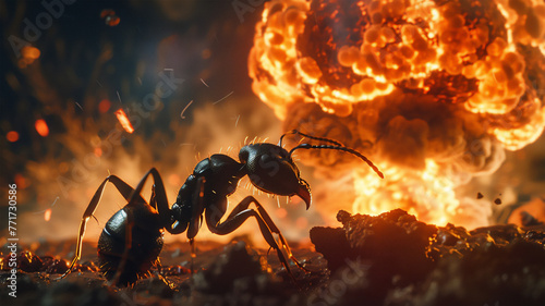 Close-up of black ant, foregrounded against mushroom cloud from nuclear blast, emphasizing contrast between tiny insect and catastrophic event in the background. photo