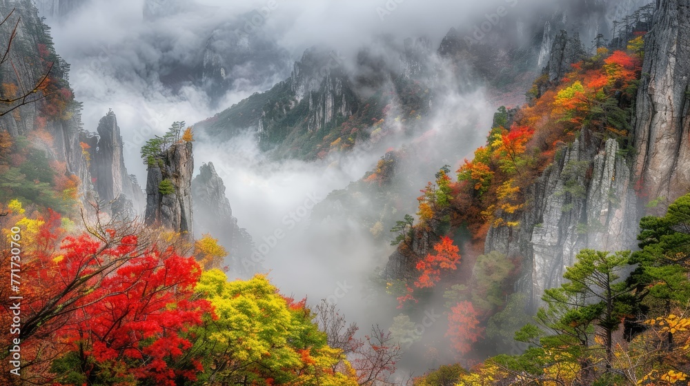  A mountain shrouded in mist and clouds, with trees framing the scene in the foreground in hues of red, yellow, and green - obrazy, fototapety, plakaty 