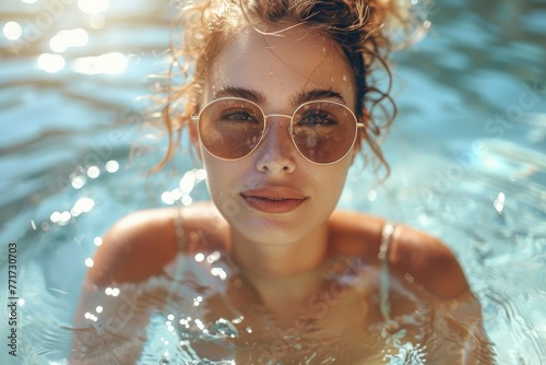 Close-up of a young woman wearing sunglasses  enjoying a sunny day in the pool