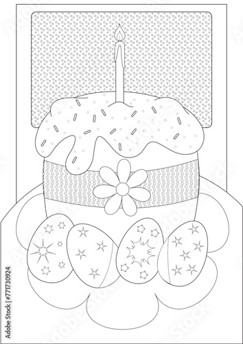 Vector beautiful easter poster with easter cake and colorful decorated easter eggs coloring book
