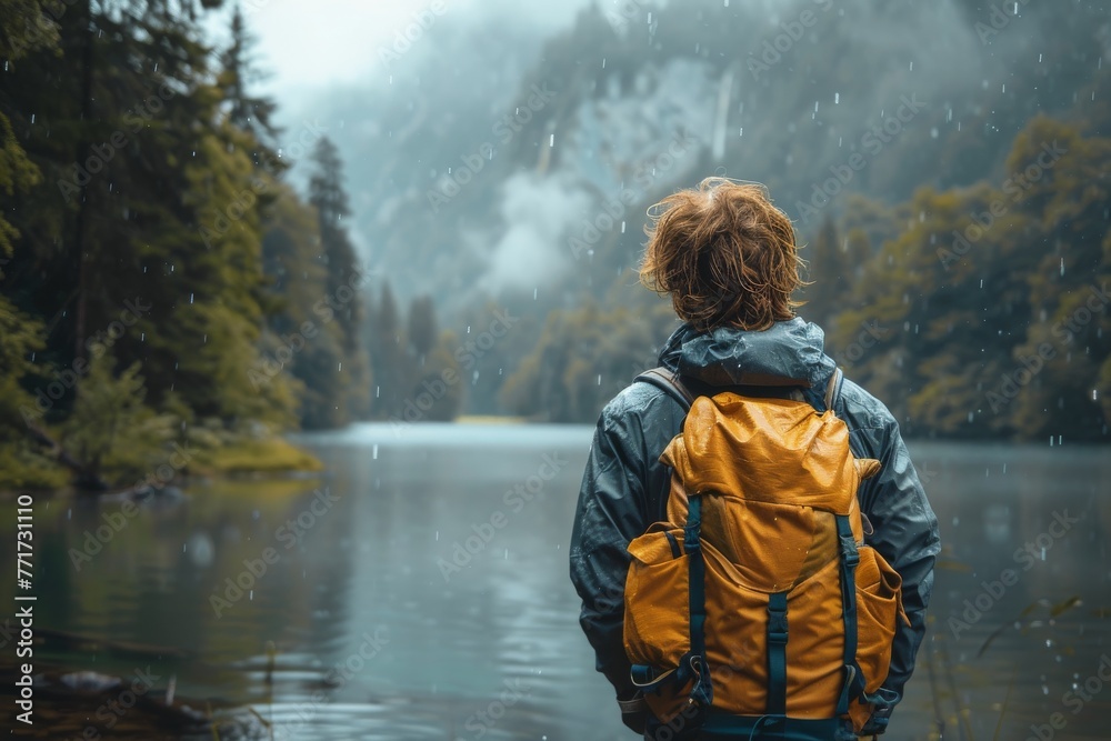 A lone traveler stares into the fog-covered lake, surrounded by a serene and moody landscapes