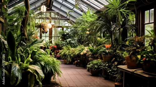 A greenhouse filled with plants and trees. The plants are in pots and the greenhouse is very large