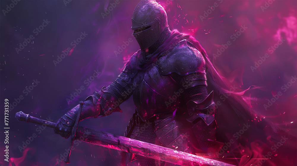 Medieval knight with one-handed sword, red and purple shades. Dark background, Digital Art.