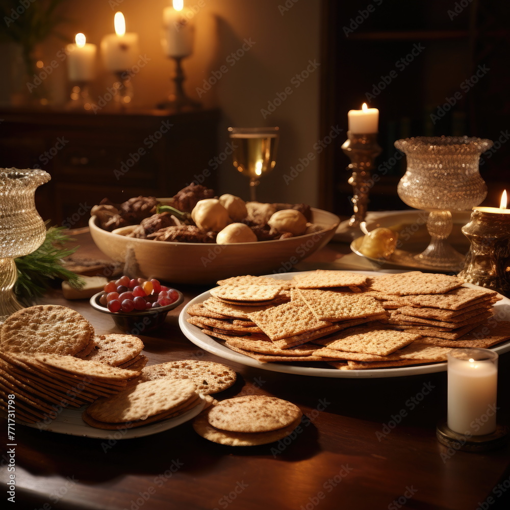 Festive dinner during the Jewish Passover. On the table are traditional matzah dishes, wine, candles. Passover Seder plate