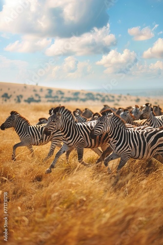 herd of zebra running through a dry grass field.