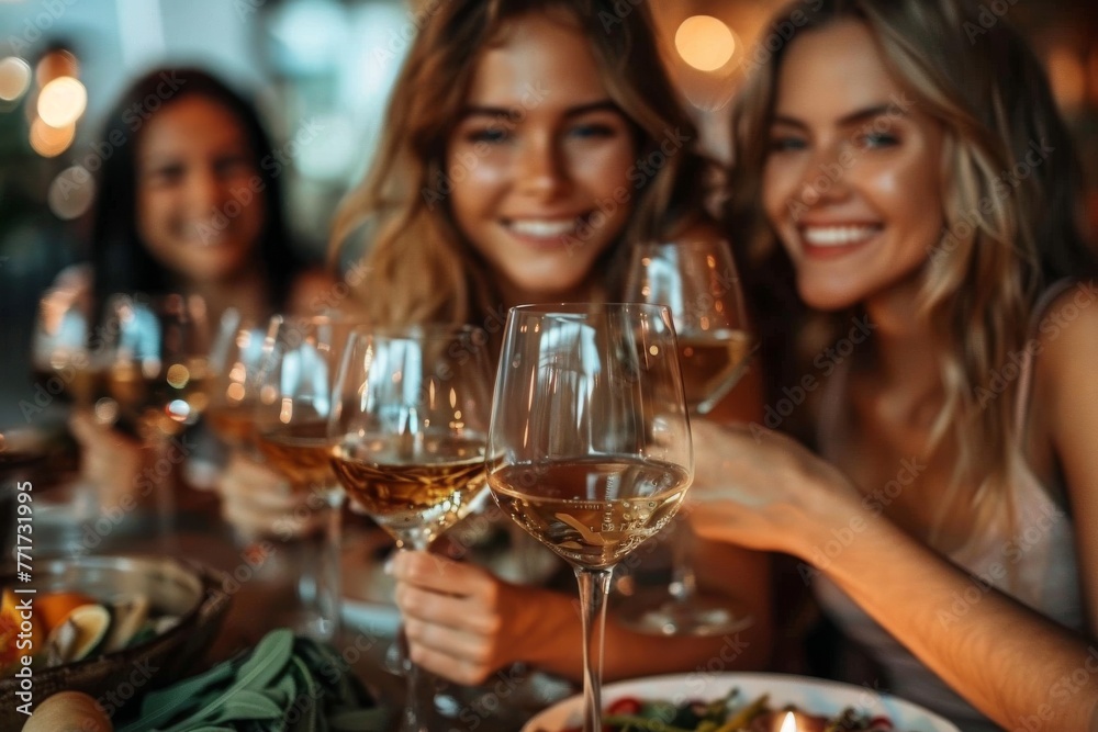 A group of women are toasting with white wine glasses in a blurred dinner setting