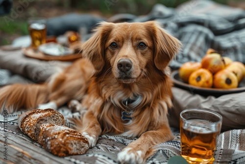 Golden dog surrounded by fresh pastries and tea cup reclining on a cozy picnic blanket photo