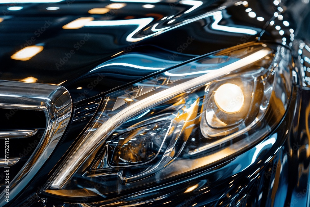 Fototapeta premium Close-up of the headlights of a car being polished to remove dust, car headlights polish service, car headlights cleaning, car cleaning service, car washing, car light cleaning, automobile detailing 