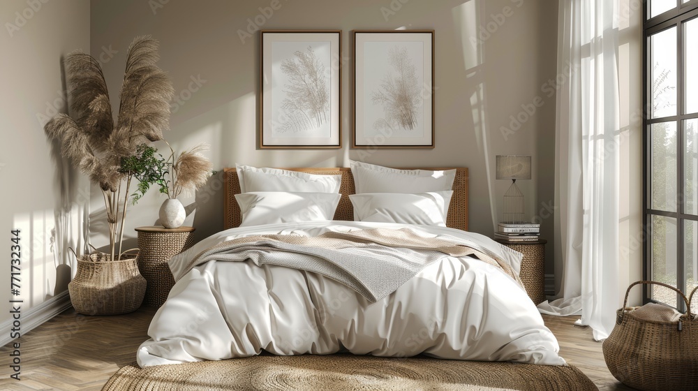 Fototapeta premium A spacious bedroom boasts a sizeable window, white comforter on a cozy bed, and two colorful wall photos