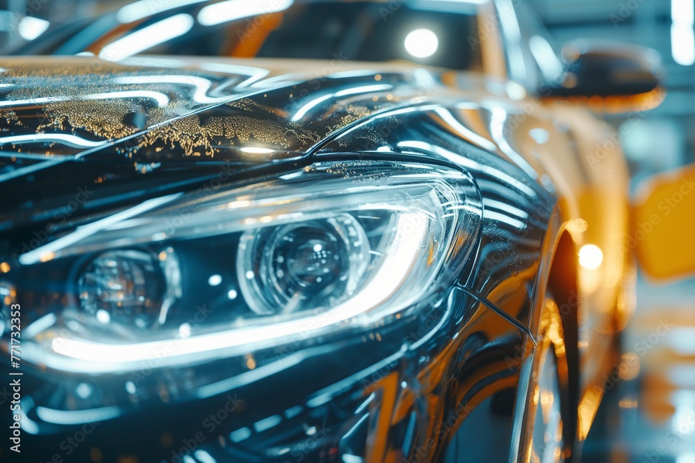 Fototapeta premium Close-up of the headlights of a car being polished to remove dust, car headlights polish service, car headlights cleaning, car cleaning service, car washing, car light cleaning, automobile detailing 