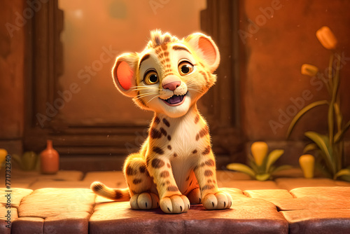 A cartoonish baby animal with a big smile on its face is sitting on a log.
