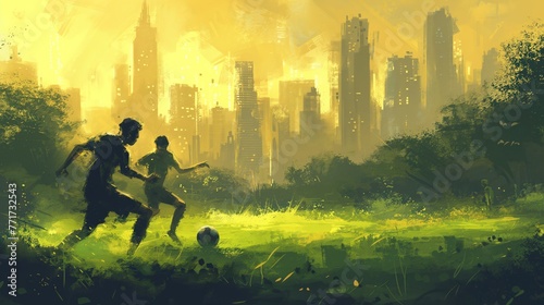 Youthful soccer players contrast with a backdrop of luminous skyscrapers, encapsulating dreams against an urban dawn. Energetic football match unfolds, radiant cityscape looming behind