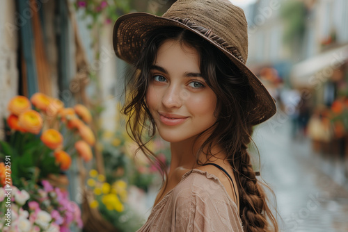 A picturesque cobblestone street in Paris, adorned with colorful flowers, where a mysterious woman with a captivating smile and a stylish hat stands amidst the hustle and bustle of the city12 photo