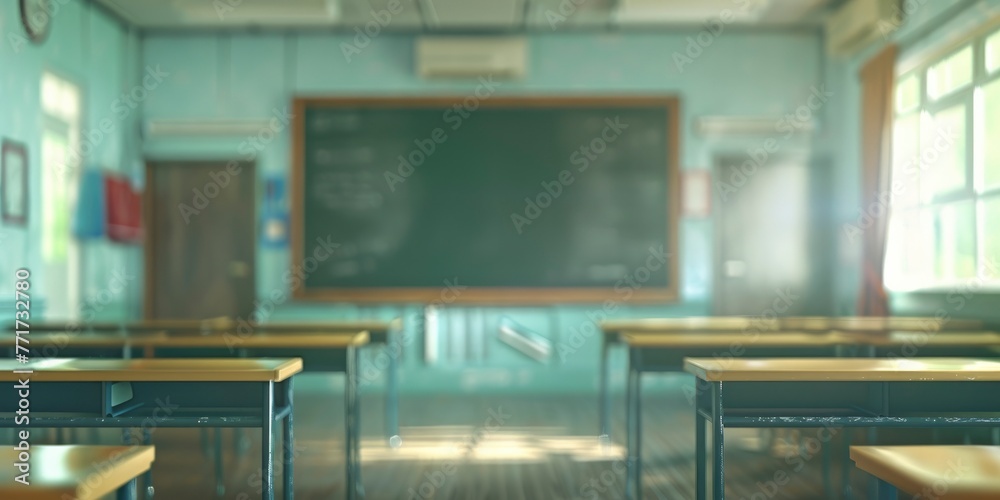 Back to School Vibes Blurred Empty Classroom with Vintage Toned Blackboard Background Back to School Vibes Blurred Empty Classroom with Vintage Toned Blackboard Background