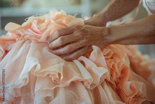 close up Hands adjusting the delicate ruffles of a soft peach bridal gown on a mannequin in a bright workshop peach fuzz color