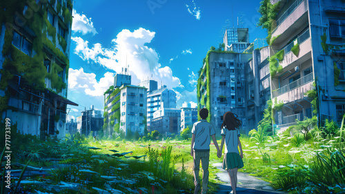 A man and a woman walk cautiously through an abandoned city where the buildings are overgrown with greenery. green and blue colors, sky blue with white clouds, anime style. post-apocalypse, survival. photo