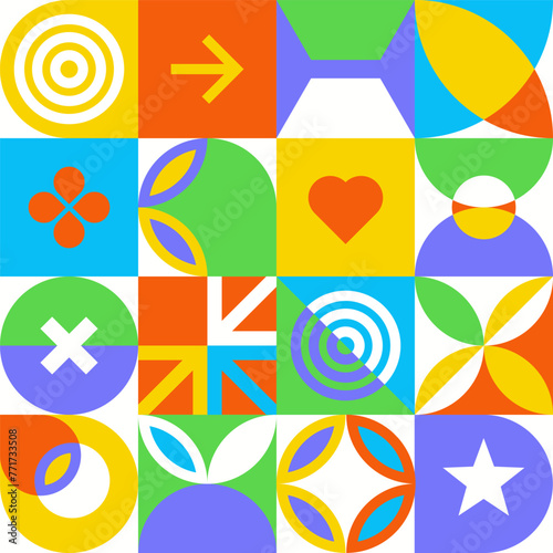Contemporary vector pattern featuring vibrant geometric shapes. Bold colors and sleek designs add modern flair to any project