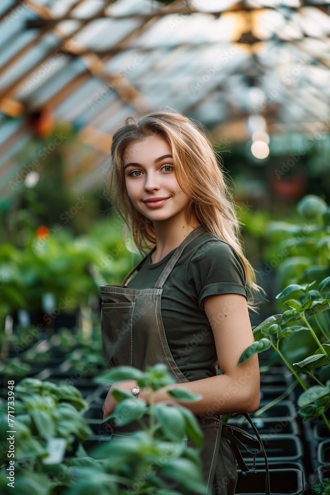 woman tending to plants in a greenhouse filled with lush greenery. woman tending to plants in a greenhouse filled with lush greenery.