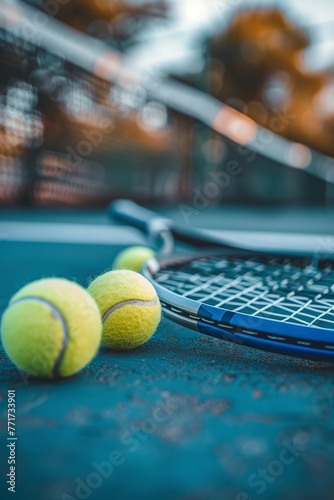 Three Tennis Balls and a Racket on a Tennis Court © Jorge Ferreiro